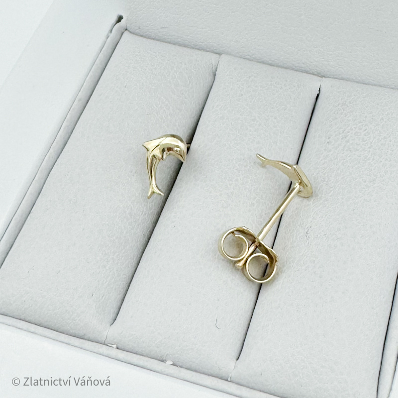 Žluté zlato náušnice DELFÍN na puzetu